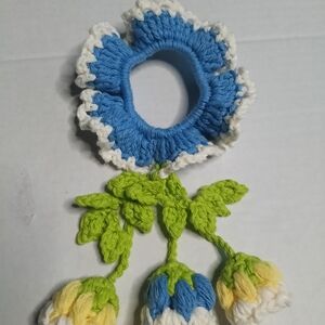 Blue and White Floral Crochet Hair Scrunchie